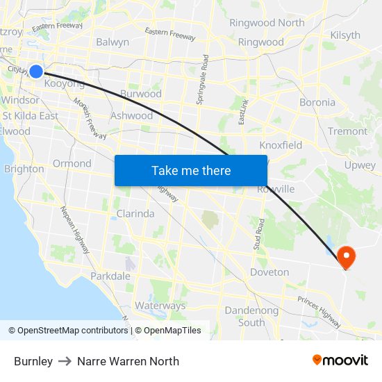 Burnley to Narre Warren North map