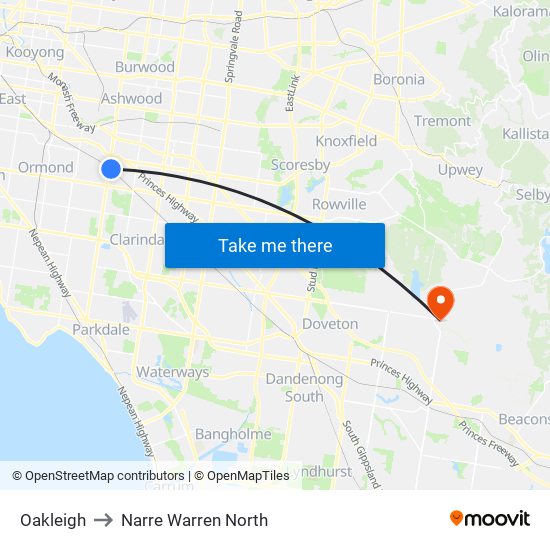 Oakleigh to Narre Warren North map