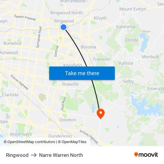 Ringwood to Narre Warren North map