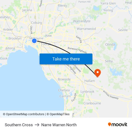 Southern Cross to Narre Warren North map