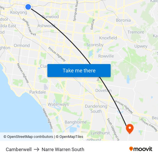 Camberwell to Narre Warren South map