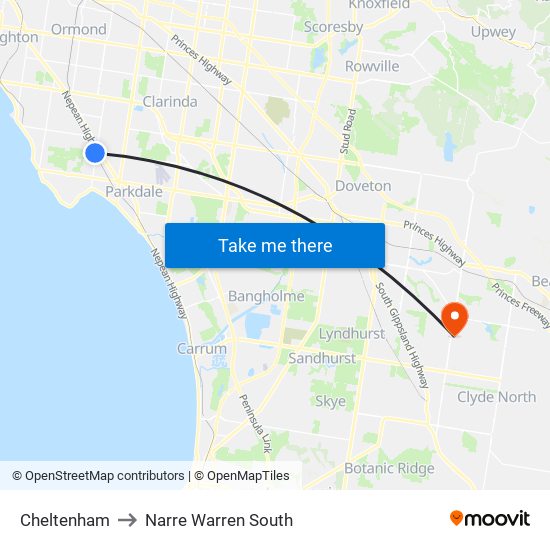 Cheltenham to Narre Warren South map