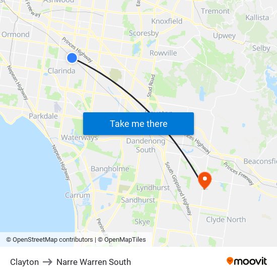 Clayton to Narre Warren South map