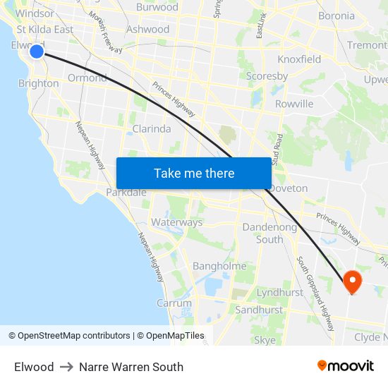 Elwood to Narre Warren South map