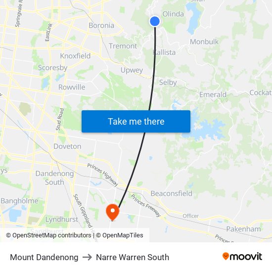 Mount Dandenong to Narre Warren South map