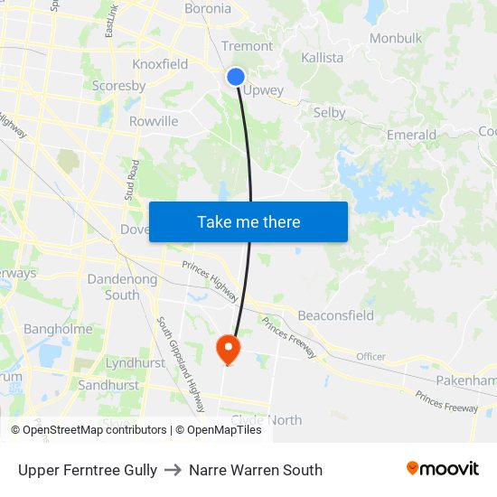 Upper Ferntree Gully to Narre Warren South map