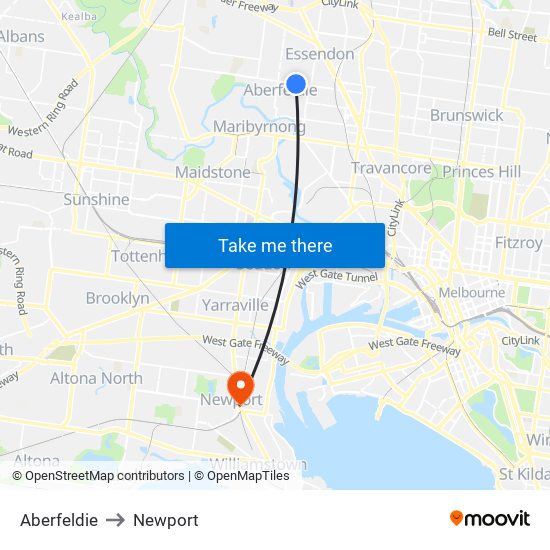 Aberfeldie to Newport map