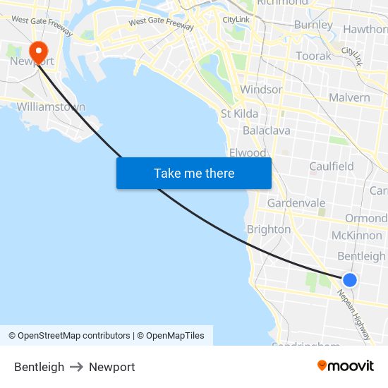 Bentleigh to Newport map