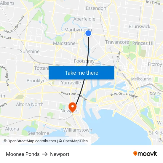 Moonee Ponds to Newport map