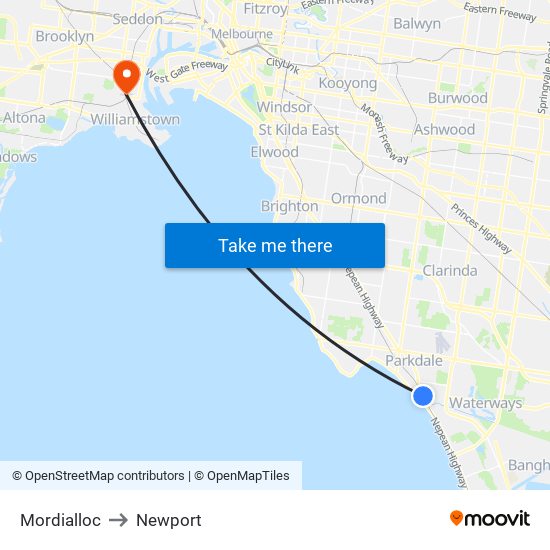 Mordialloc to Newport map