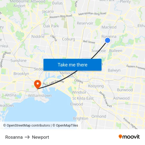 Rosanna to Newport map