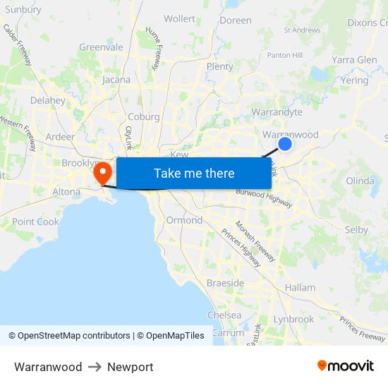 Warranwood to Newport map