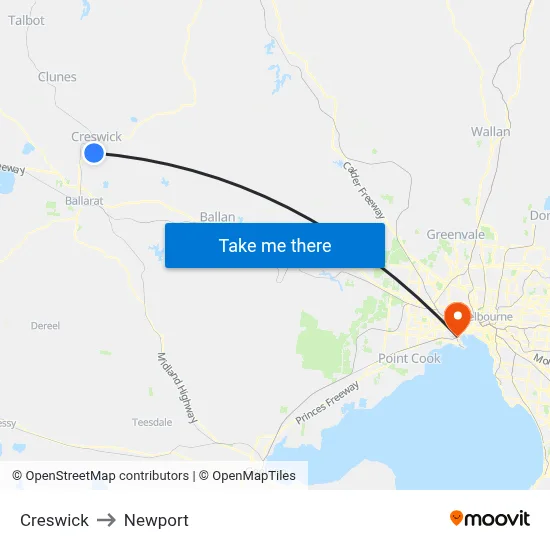 Creswick to Newport map