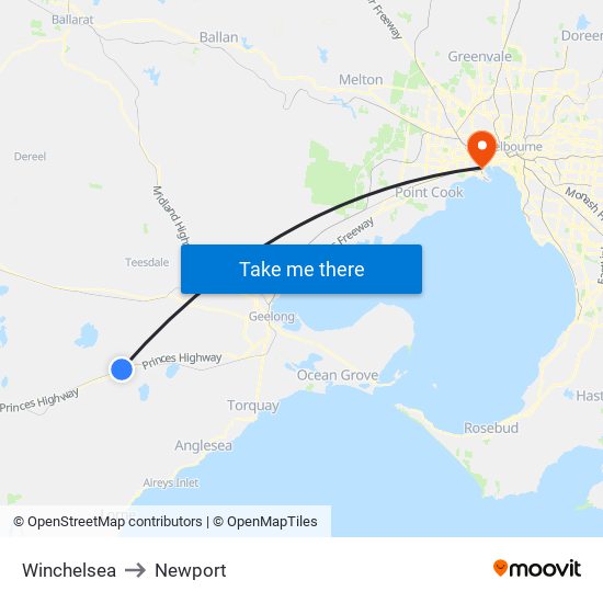 Winchelsea to Newport map