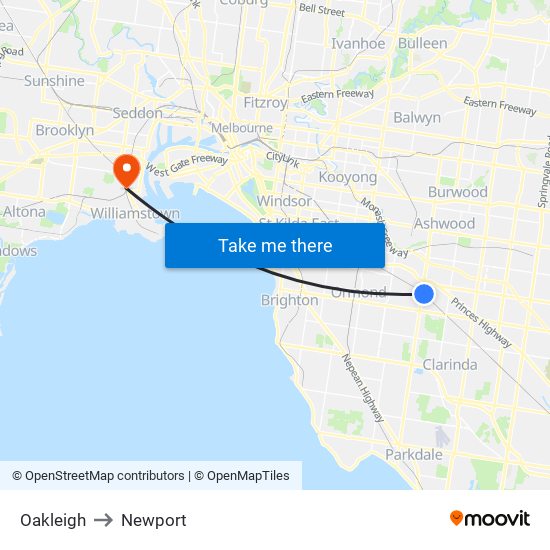 Oakleigh to Newport map