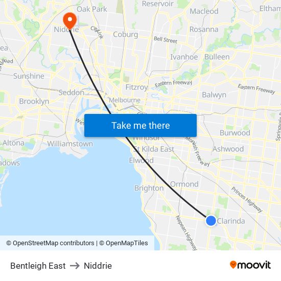 Bentleigh East to Niddrie map