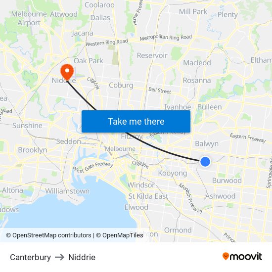 Canterbury to Niddrie map