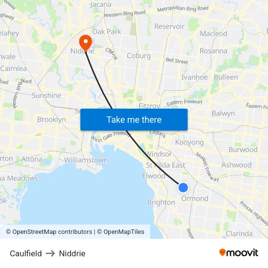 Caulfield to Niddrie map