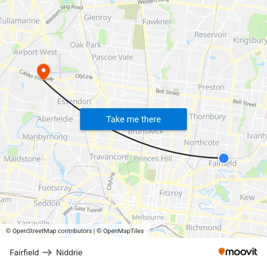 Fairfield to Niddrie map