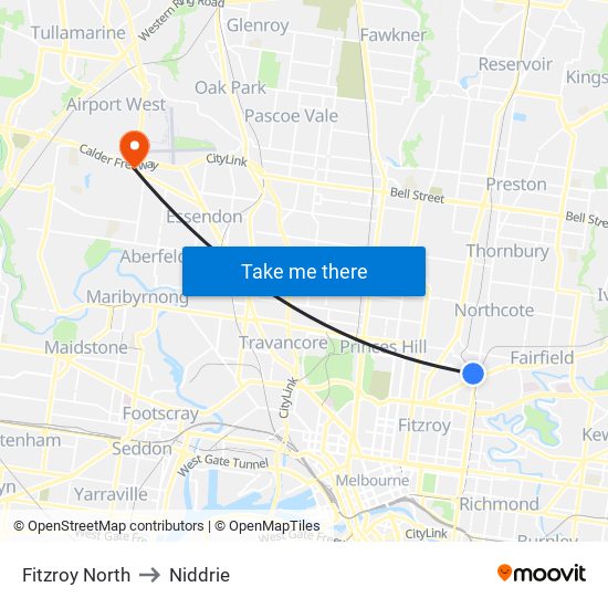 Fitzroy North to Niddrie map