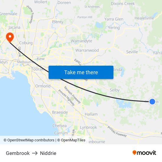 Gembrook to Niddrie map