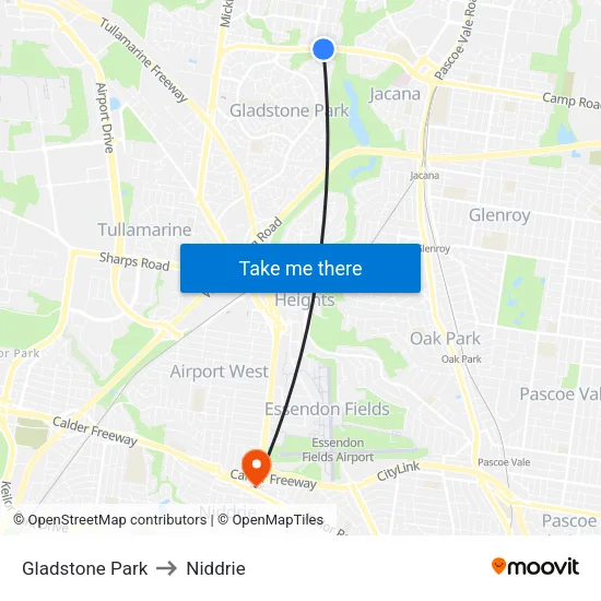Gladstone Park to Niddrie map
