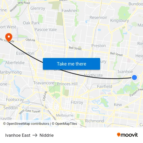 Ivanhoe East to Niddrie map