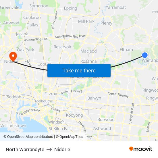 North Warrandyte to Niddrie map