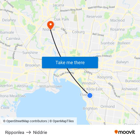 Ripponlea to Niddrie map