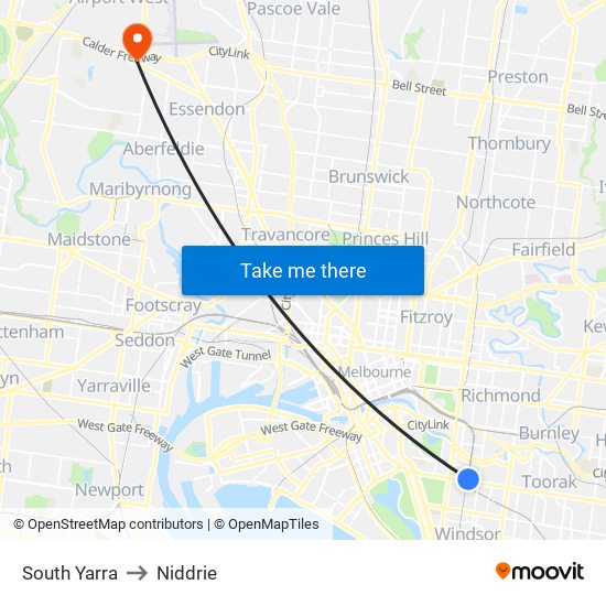 South Yarra to Niddrie map