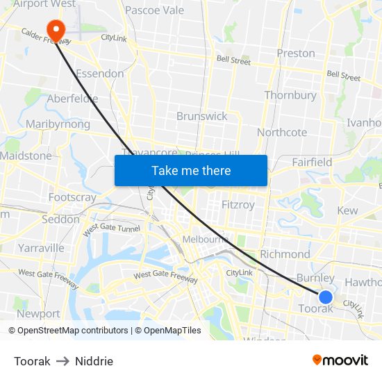 Toorak to Niddrie map