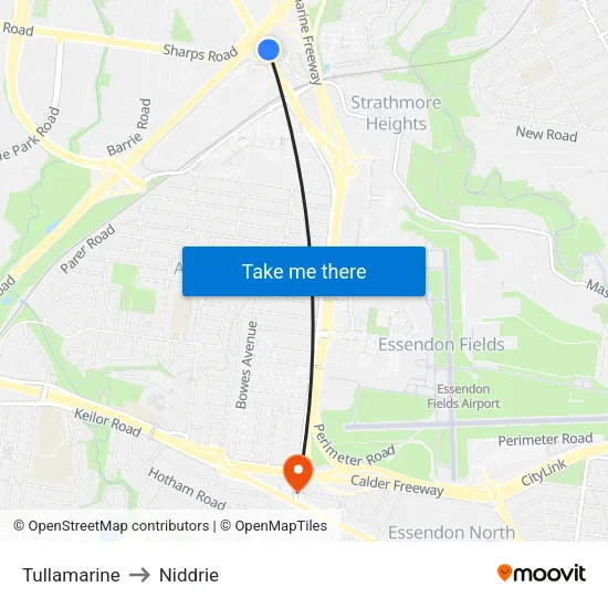 Tullamarine to Niddrie map