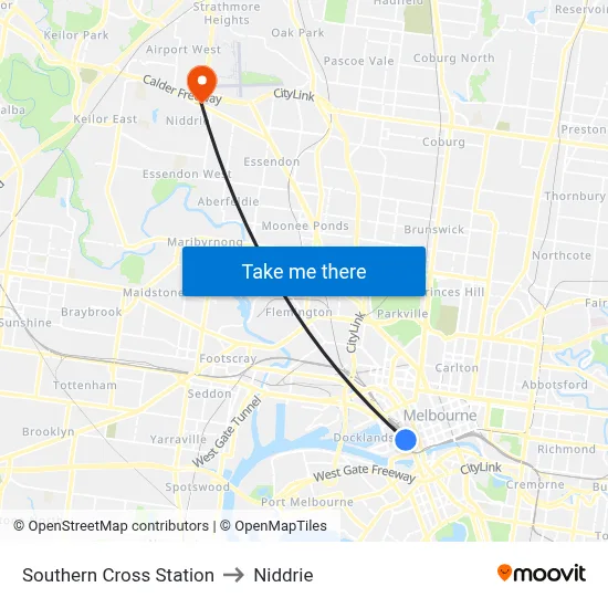 Southern Cross Station to Niddrie map