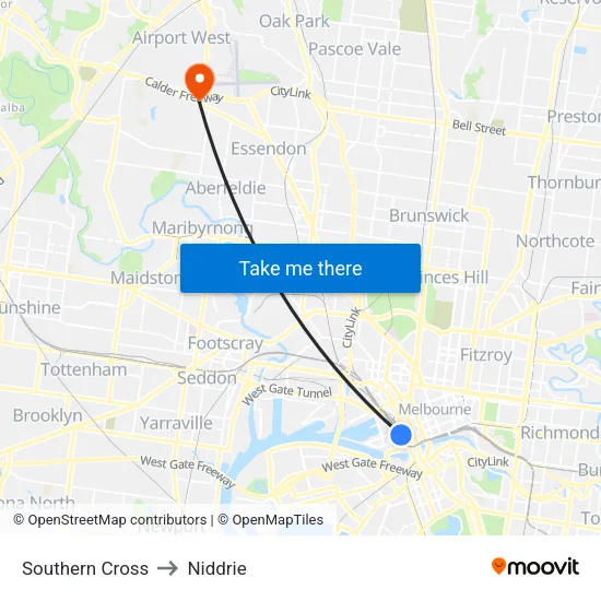 Southern Cross to Niddrie map