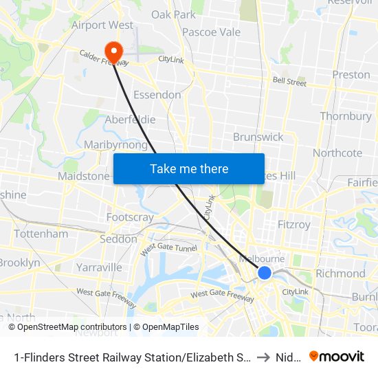 1-Flinders Street Railway Station/Elizabeth St (Melbourne City) to Niddrie map