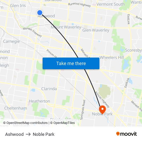 Ashwood to Noble Park map