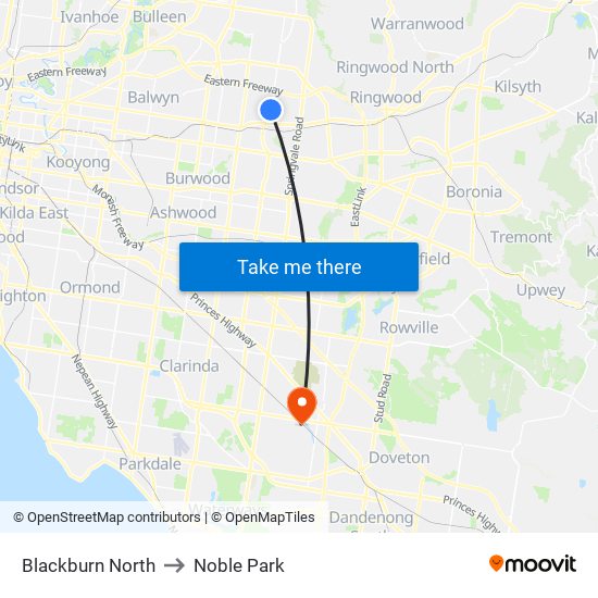 Blackburn North to Noble Park map