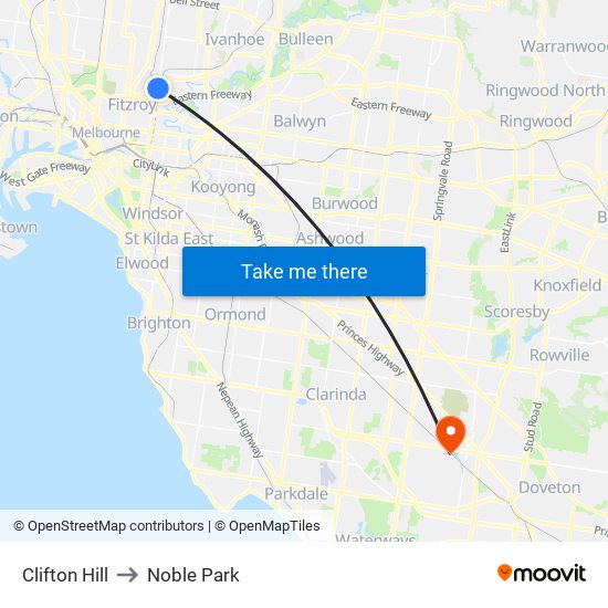 Clifton Hill to Noble Park map