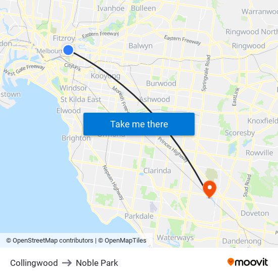 Collingwood to Noble Park map