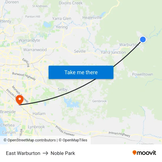 East Warburton to Noble Park map