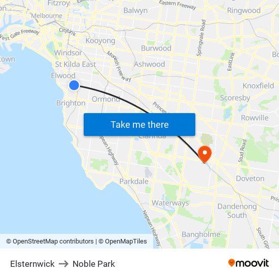 Elsternwick to Noble Park map