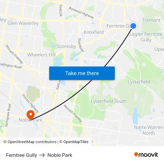 Ferntree Gully to Noble Park map