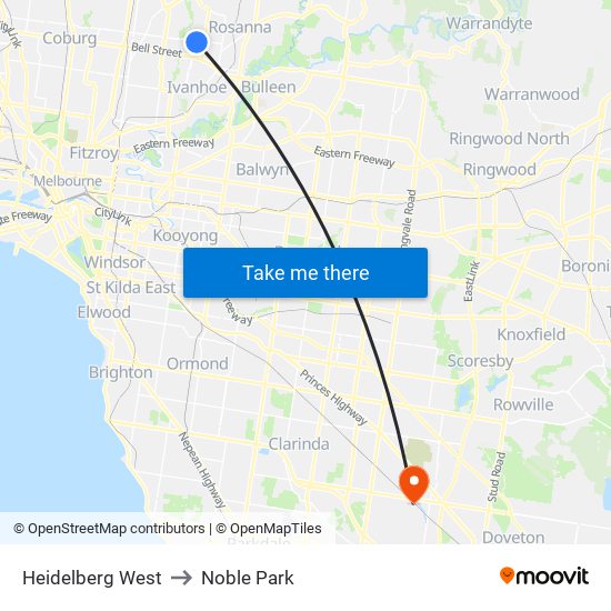 Heidelberg West to Noble Park map