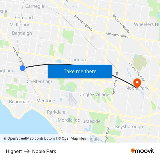 Highett to Noble Park map