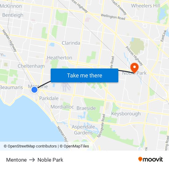 Mentone to Noble Park map