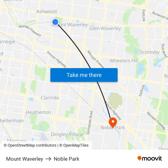 Mount Waverley to Noble Park map