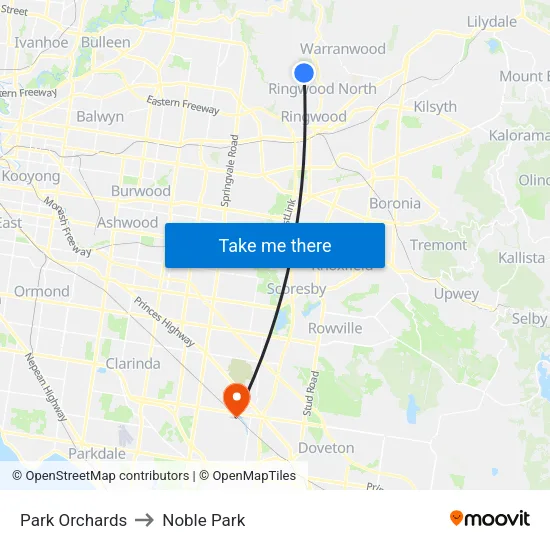Park Orchards to Noble Park map