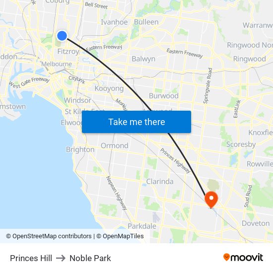 Princes Hill to Noble Park map