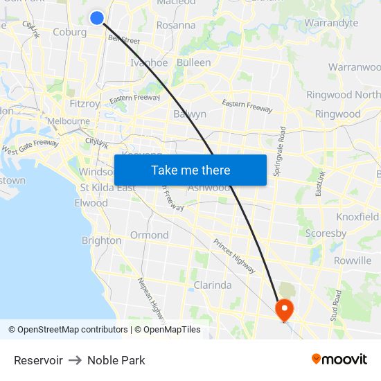 Reservoir to Noble Park map