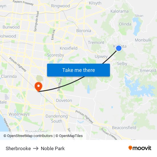 Sherbrooke to Noble Park map